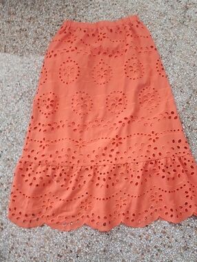 Source Unknown Coral Orange Eyelet Maxi Skirt with Ruffle Hem